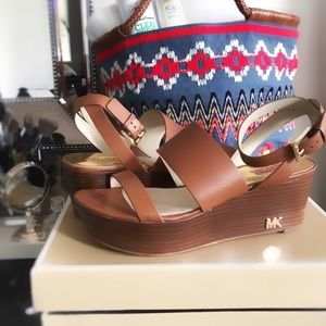 POESY Tan Leather Wedge Sandal, Michael Kors | 9